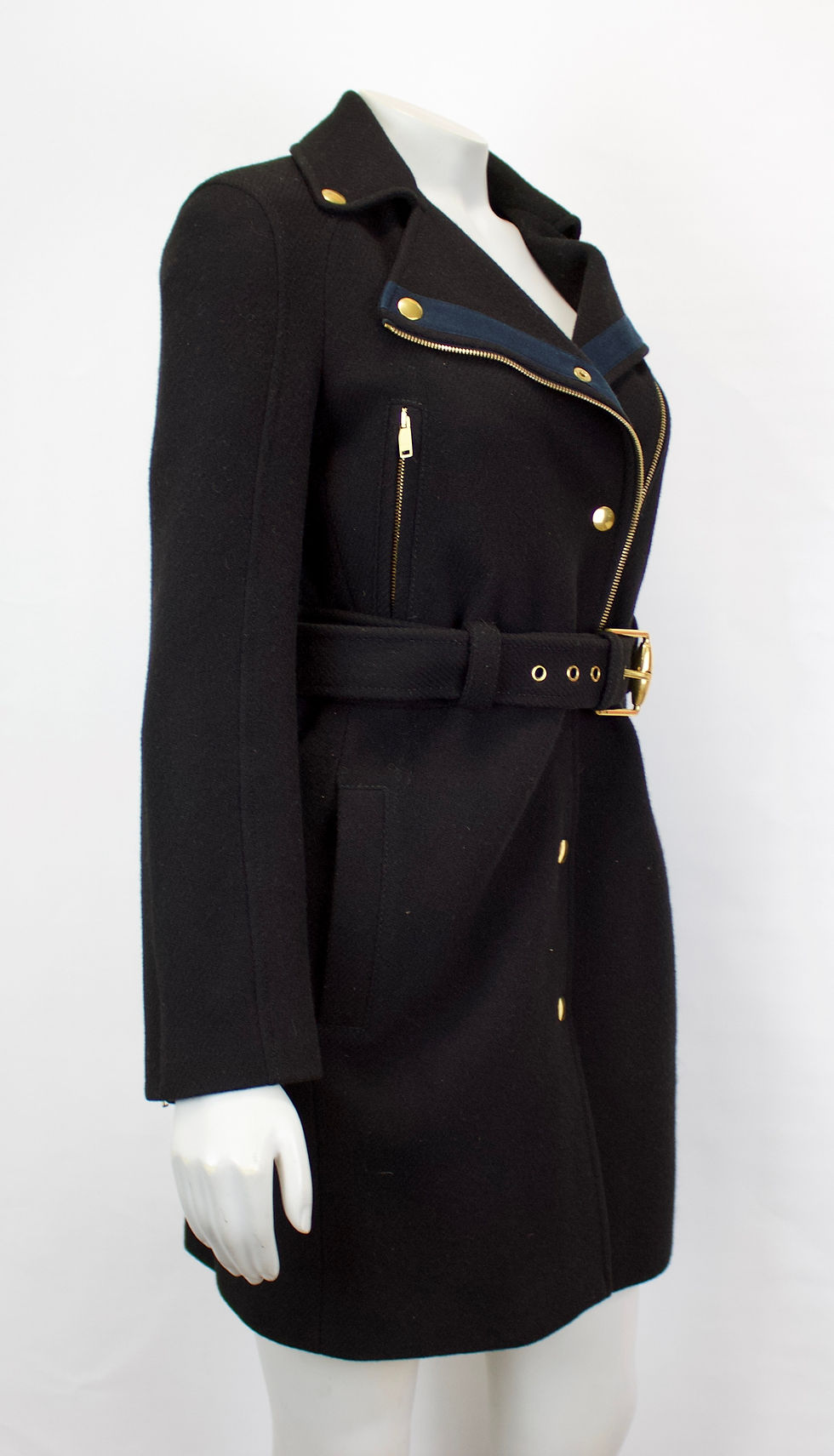 Thumbnail: GUCCI Coat Knee Length Wool Black Biker Belted Snaps Zips S 40 Small