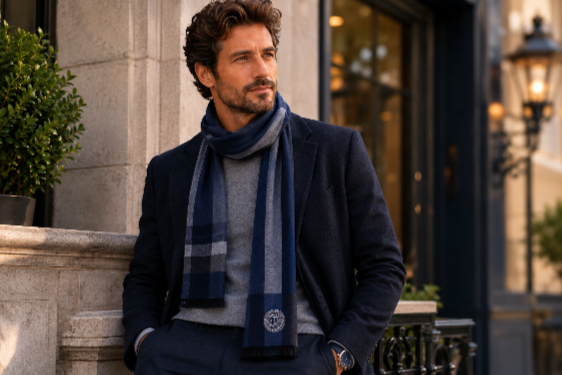 Hình thu nhỏ: VERSACE Wool Scarf Stripes Pattern Navy Blue/Gray One Size Fringe Trims 70
