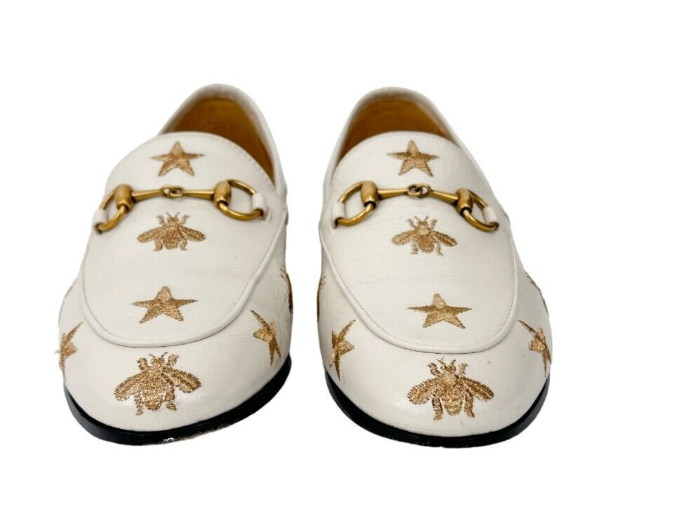 Miniatura: GUCCI Jordaan Leather Loafers Flats 35.5 White Bee & Star Embroidered Buckle