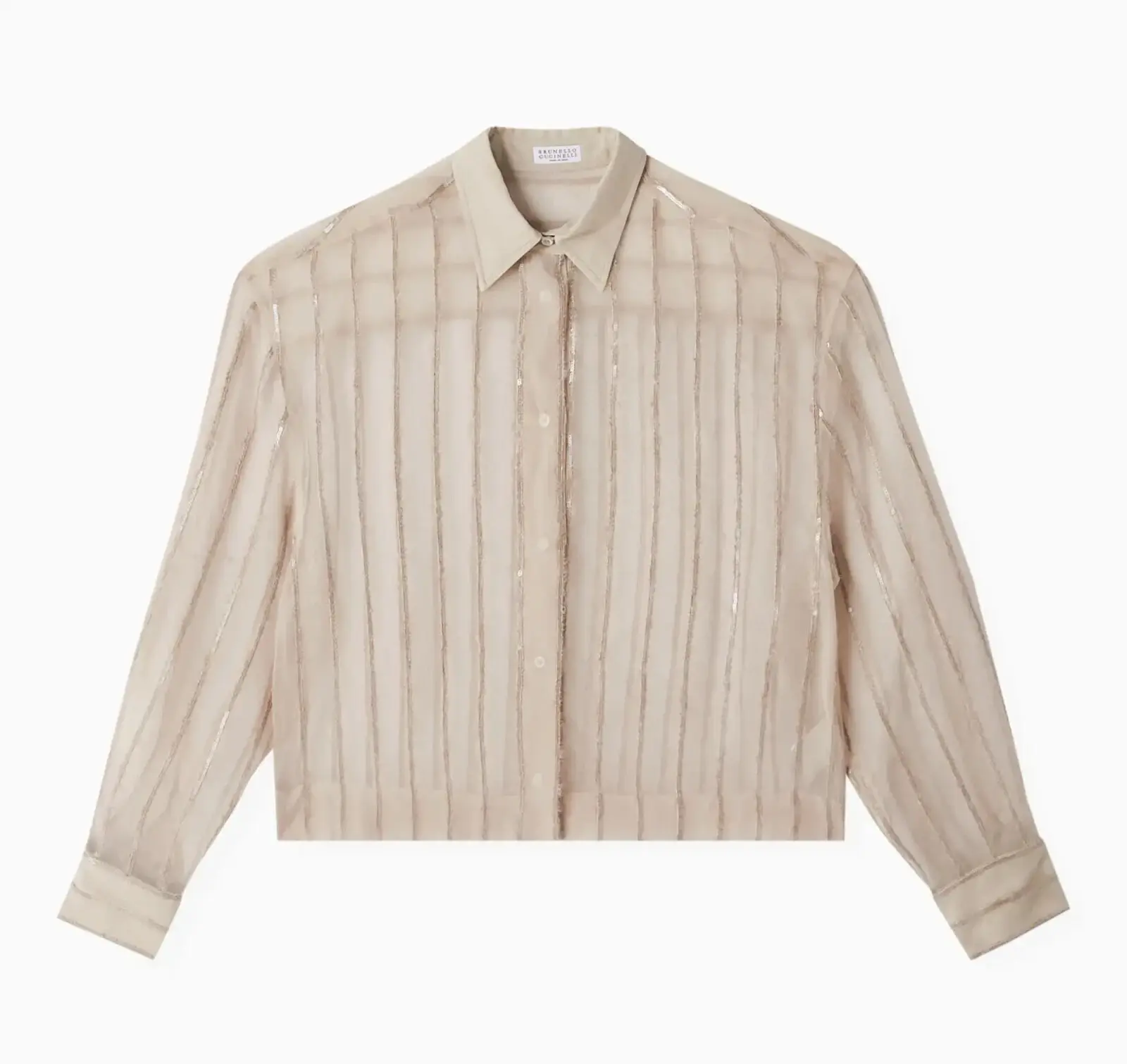 BRUNELLO CUCINELLI Crispy Silk Button-Front Blouse Medium Beige Sequin Stripes
