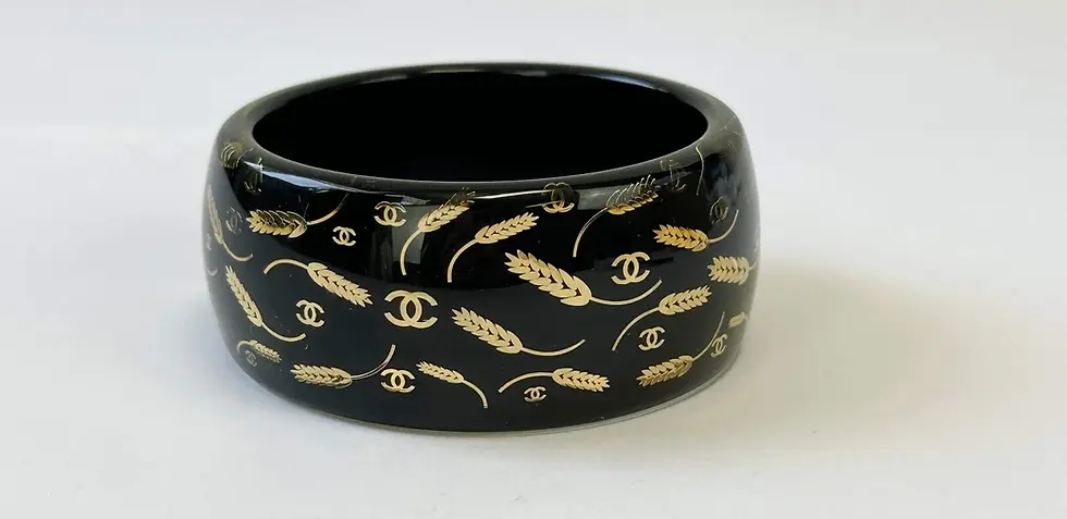 Thumbnail: CHANEL Resin Cuff Bracelet Black Gold CC Logo Wheat Bangle 2010 RARE