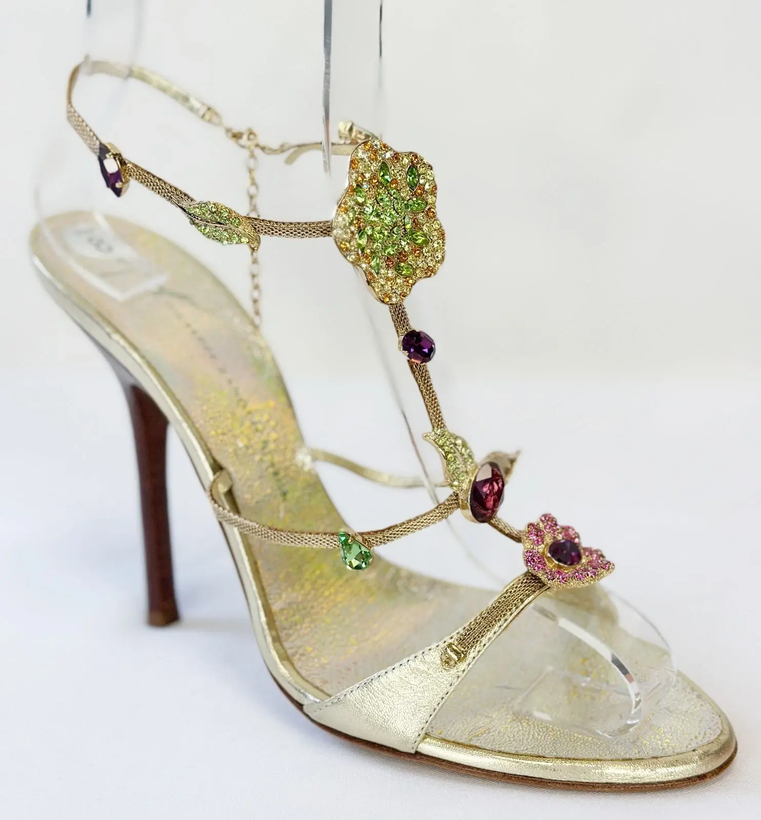 GIUSEPPE ZANOTTI Rhinestone Ankle Strap Sandal Heels 38 Gold Multicolor Flower 8