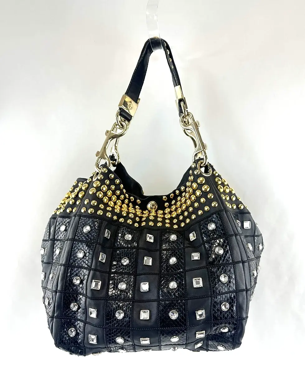 Hình thu nhỏ: JIMMY CHOO Lohla Black Gold Leather Snake Embellished Rhinestones Hobo Bag Large