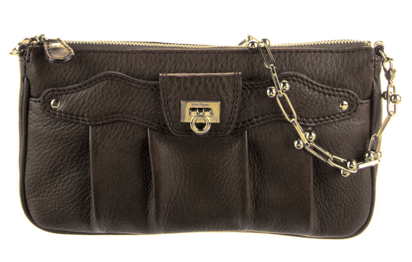 SALVATORE FERRAGAMO Gancini Brown Leather Gold Chain Shoulder Bag
