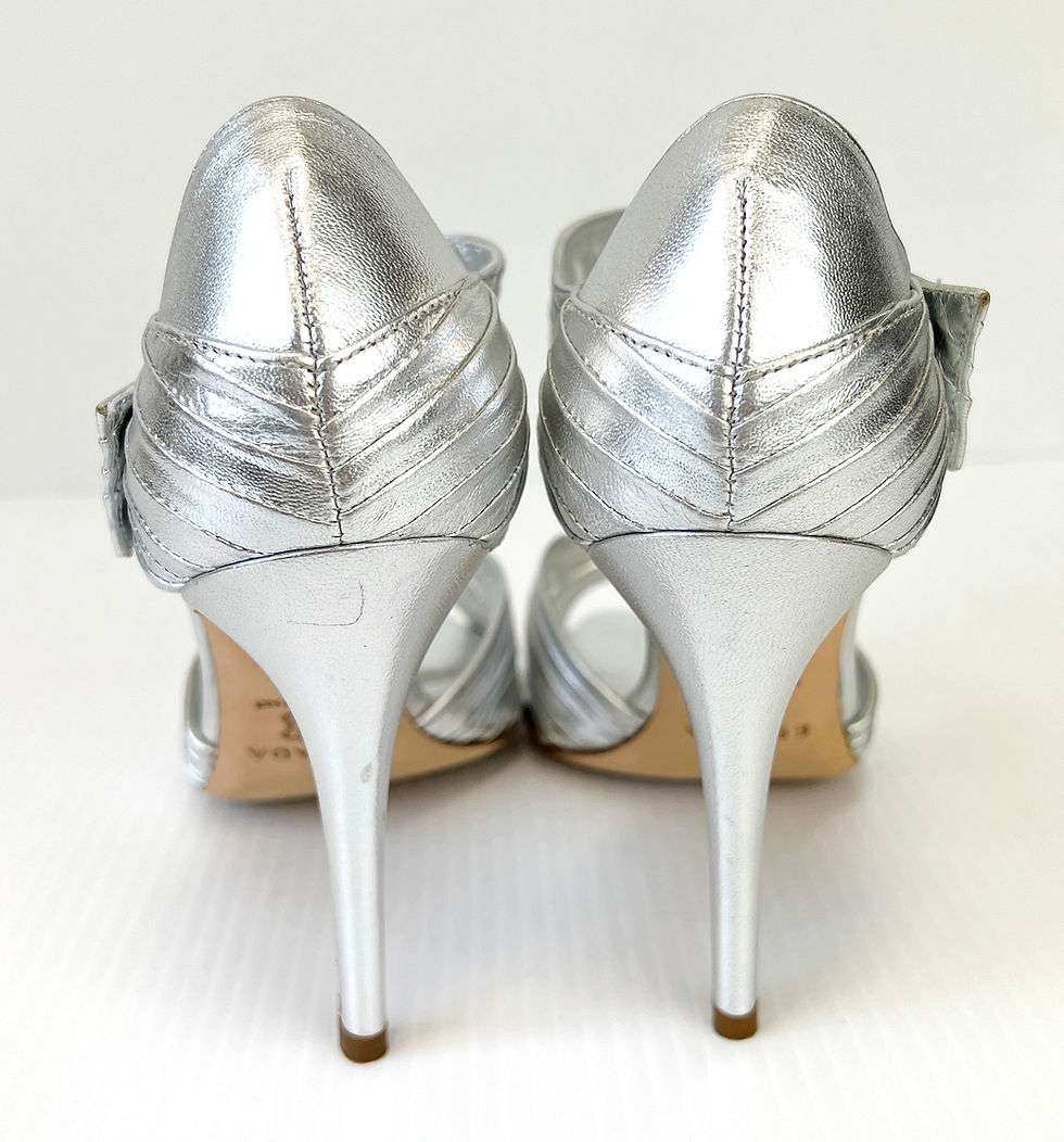 Thumbnail: NWB ESCADA Silver Leather Peep Toe Sandals Heels 37 7