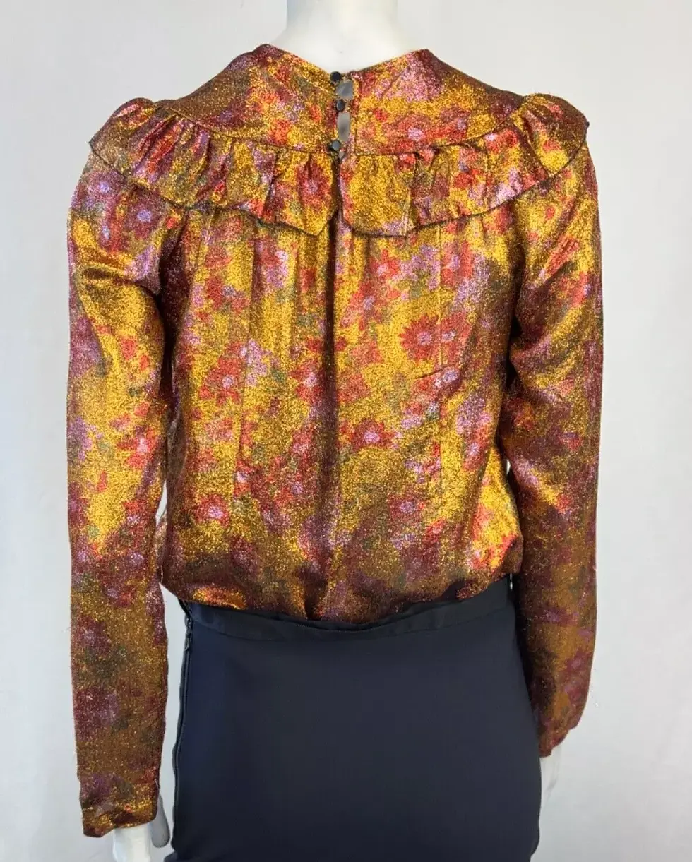 縮圖：ROSEANNA Metallic Floral Print 40 Golden Ruffle Long Sleeve Blouse US 8 Silk Top