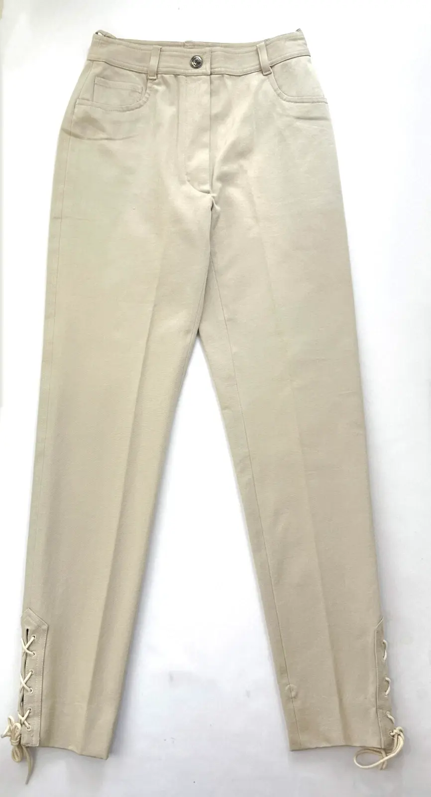 Thumbnail: Vintage CHANEL Cotton Pants Trousers 34 36 US 2 4 Beige Ankle Lace Up 1997