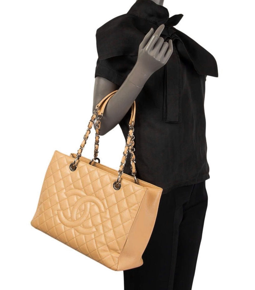 Thumbnail: CHANEL Dark Beige Camel CC Logo Caviar Leather Grand Shopping Tote Bag