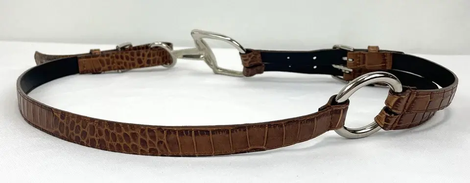 縮圖：SANDY DUFTLER Snaffle Bit Crocodile Embossed Leather Belt 36 Brown Unisex NEW