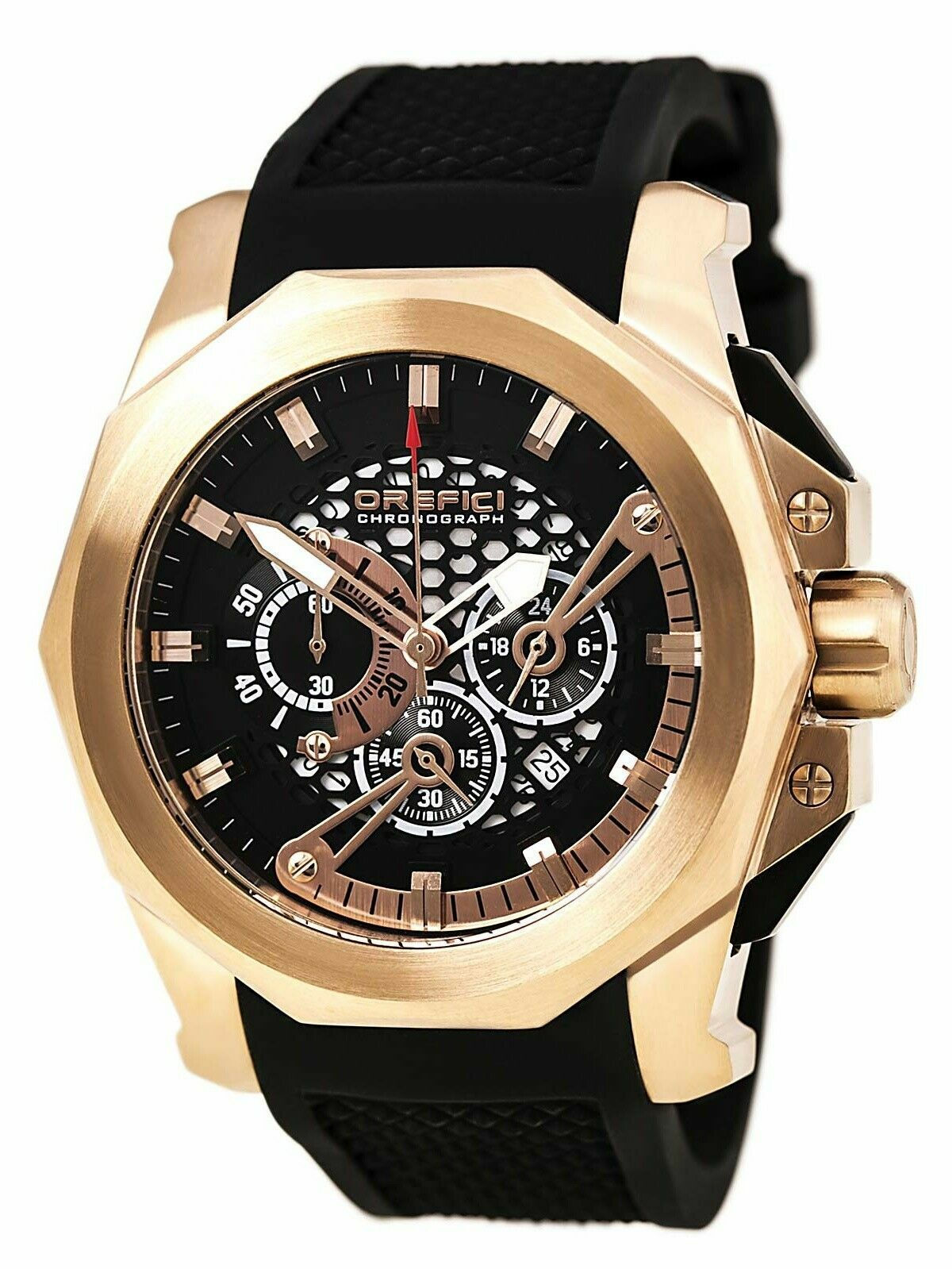 OREFICI Watches Gladiatore Rubber-Strap Chronograph Watch 18K Rose Gold