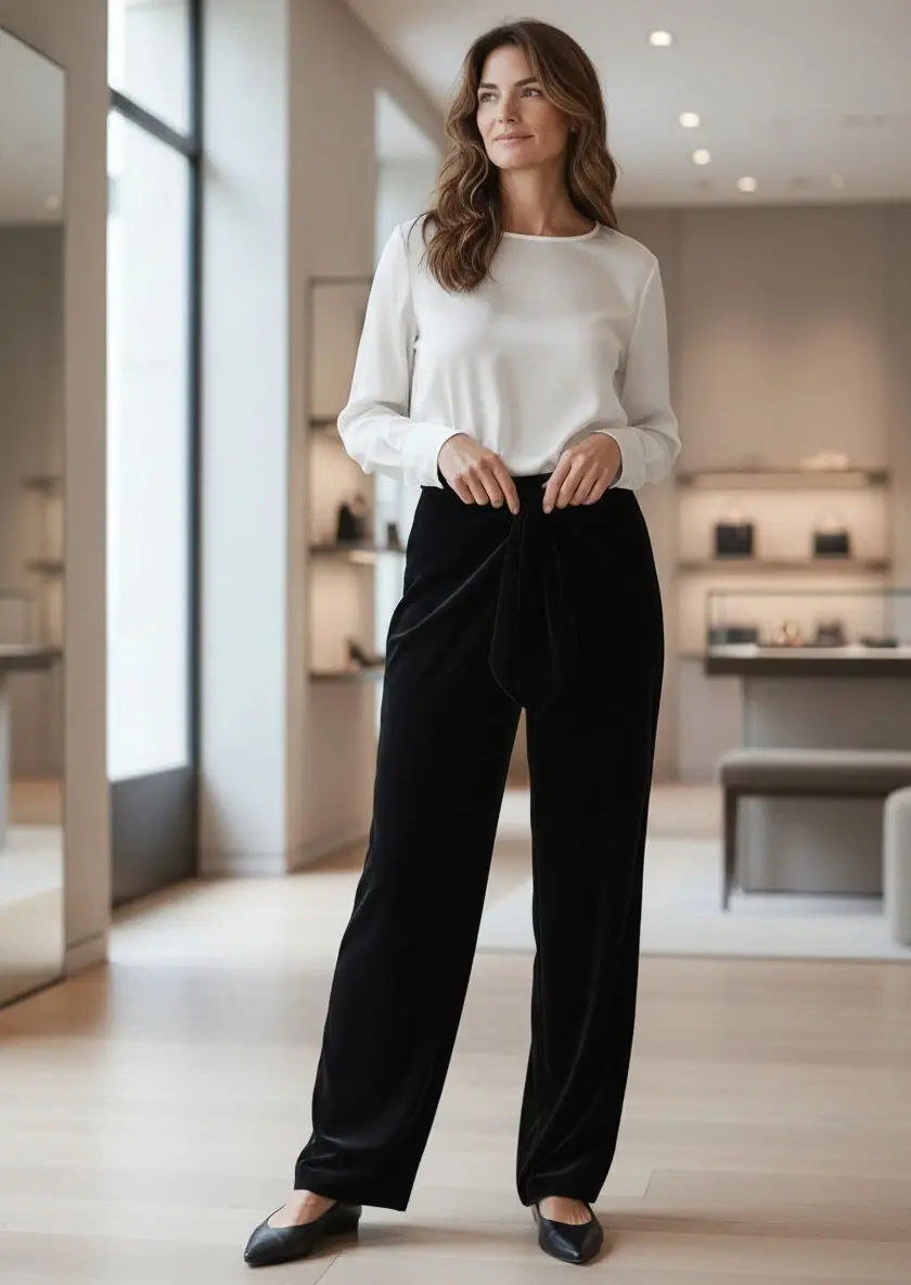 GIORGIO ARMANI Velvet Pants 44 10 Black Draped Straight Leg Trousers Tie