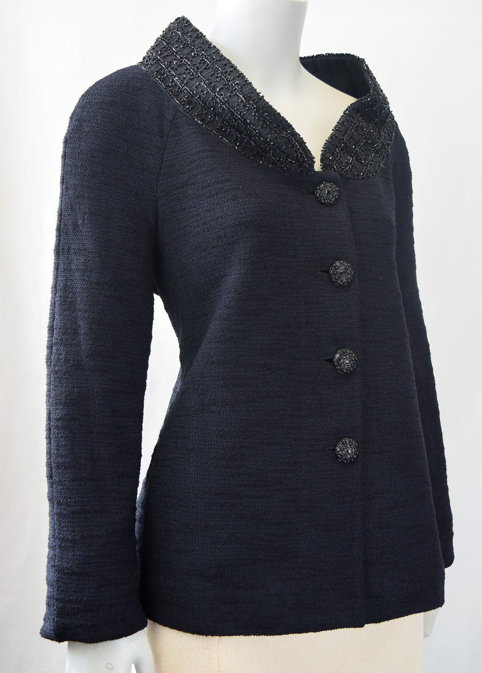 Thumbnail: Vintage ST. JOHN COUTURE Textured Knit Jacket 10 Black Beaded V-Neck Buttons