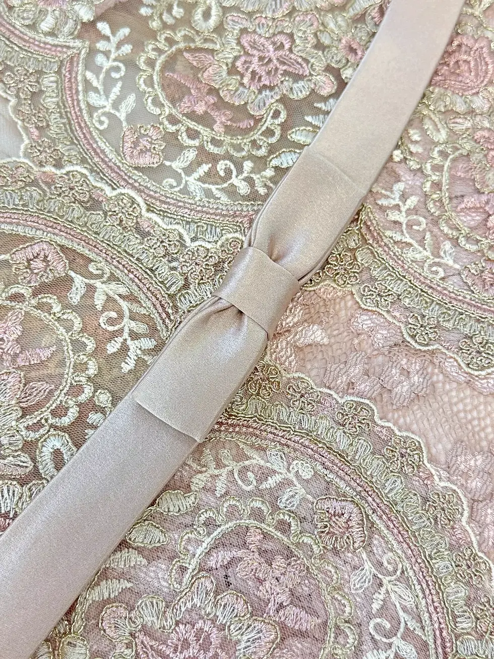 縮圖：NWT OLVIS Round-Tail Lace Gown 3 Pearl V-Neck Bow Belt Long Sleeves Sheer 6 US