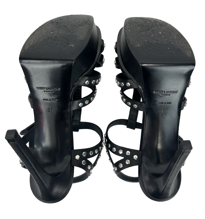 Thumbnail: SAINT LAURENT Tribute Leather Platform Heels 37 7 Black Silver Studded Strappy