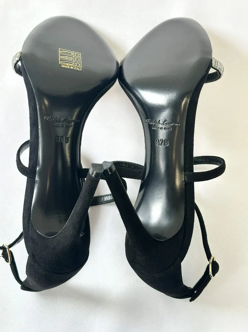 Hình thu nhỏ: NEW RALPH LAUREN Purple Label Suede Crystal Wrap Around Sandal Heels 37 7 Black