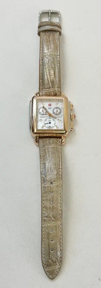 縮圖：MICHELE Deco Stainless Steel Diamond Watch 18 Rose Gold Metallic Alligator Band