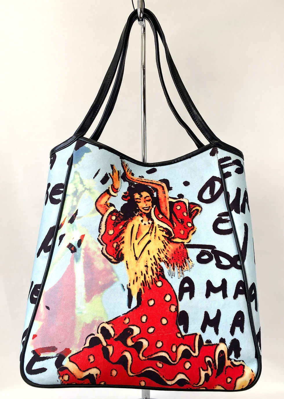 Thumbnail: Vintage ISABELLA FIORE Blue Multicolor Flamenco Dancer Scoop Top Tote Purse 90's