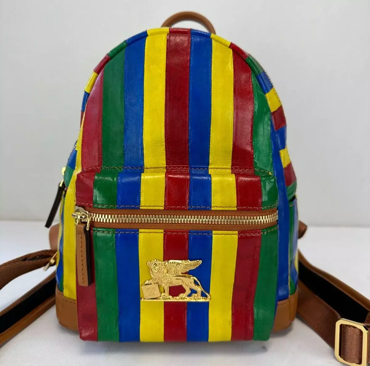 MCM Limited Edition 'Eel' Striped Rainbow Leather Mini Gold Logo Backpack