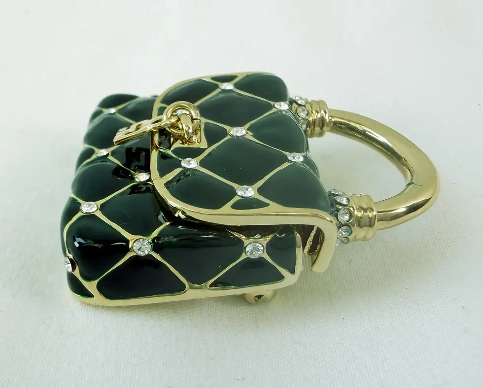 Hình thu nhỏ: NEW ST. JOHN Handbag Brooch Dark Green Enamel Crystals 24KGP Logo Pin Enhancer