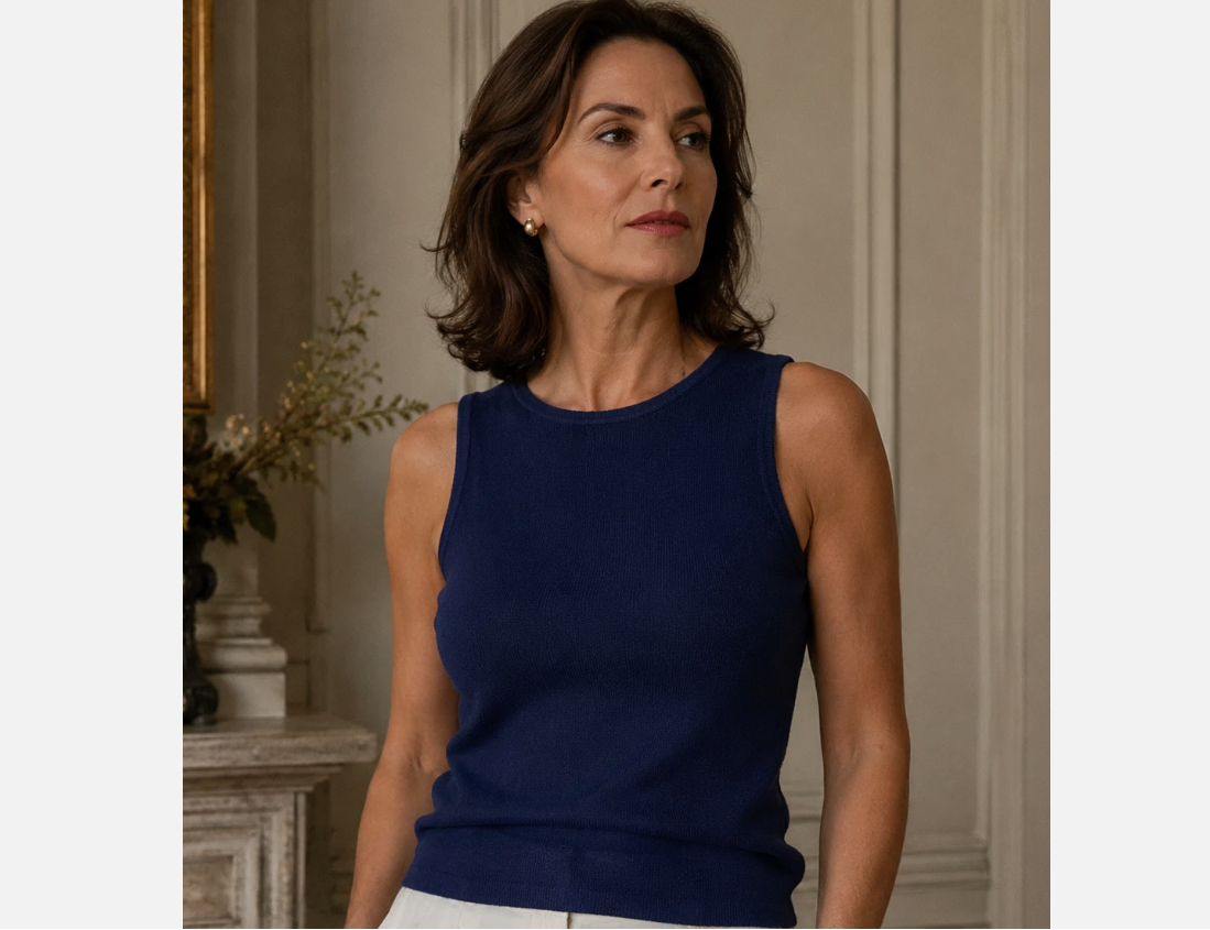 ST. JOHN Collection Tank Top Santana Shell Strap Medium Scoop Neck Navy MD