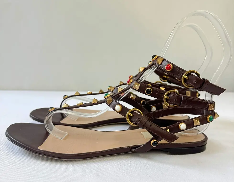 Miniatura: VALENTINO Garavani Cabochon Leather Sandals 39 Brown Gold Multicolor Rockstuds