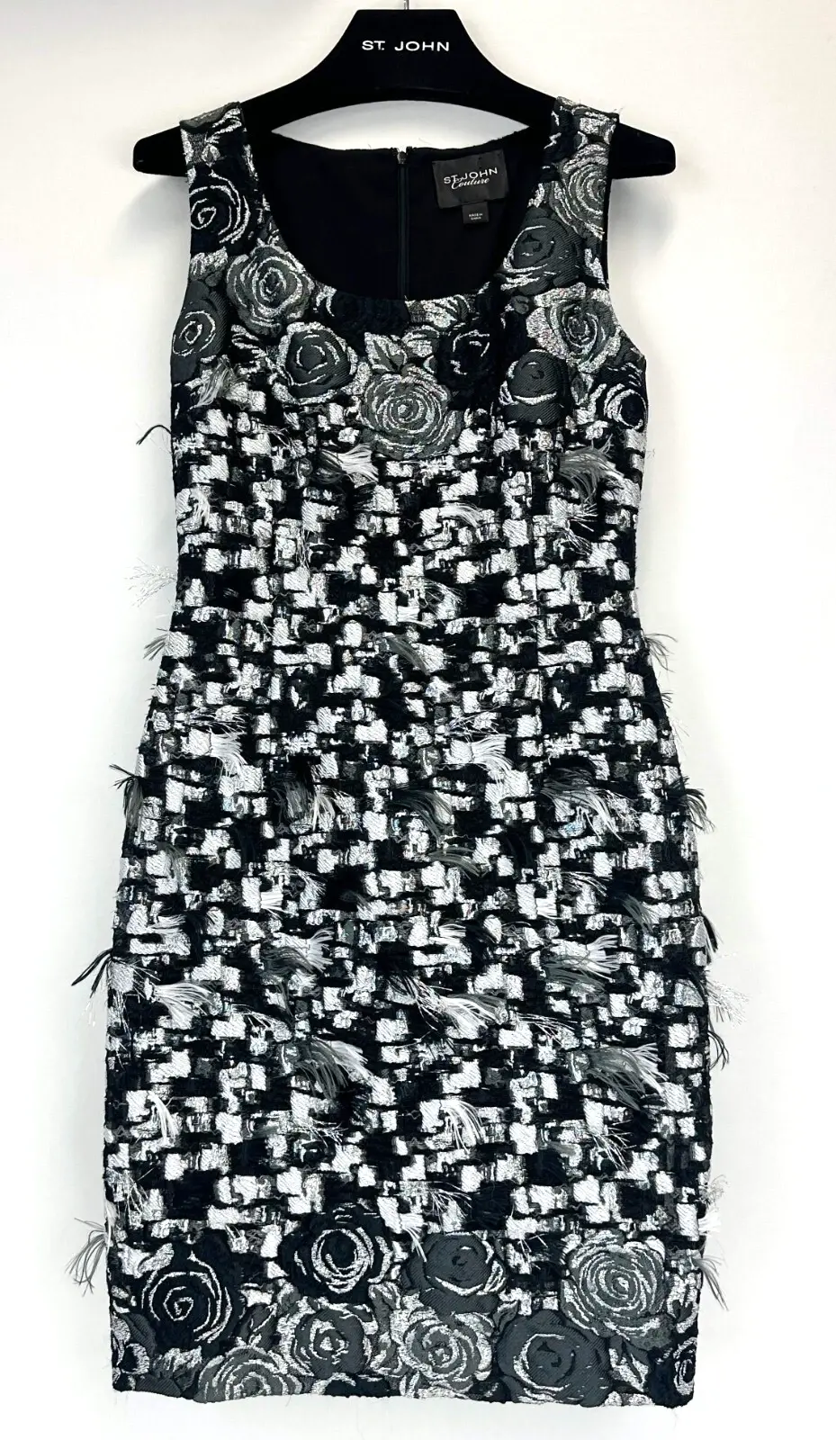 Hình thu nhỏ: ST. JOHN COUTURE Embroidered Chiffon Sheath Dress 4 6 Black Metallic Rose Fringe