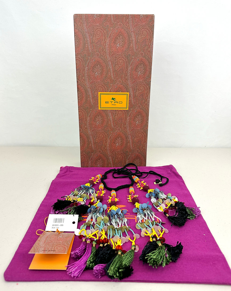 Hình thu nhỏ: NWT ETRO MILANO Necklace Multicolor Bohemian Beaded Tassel Pom Pom Long RARE