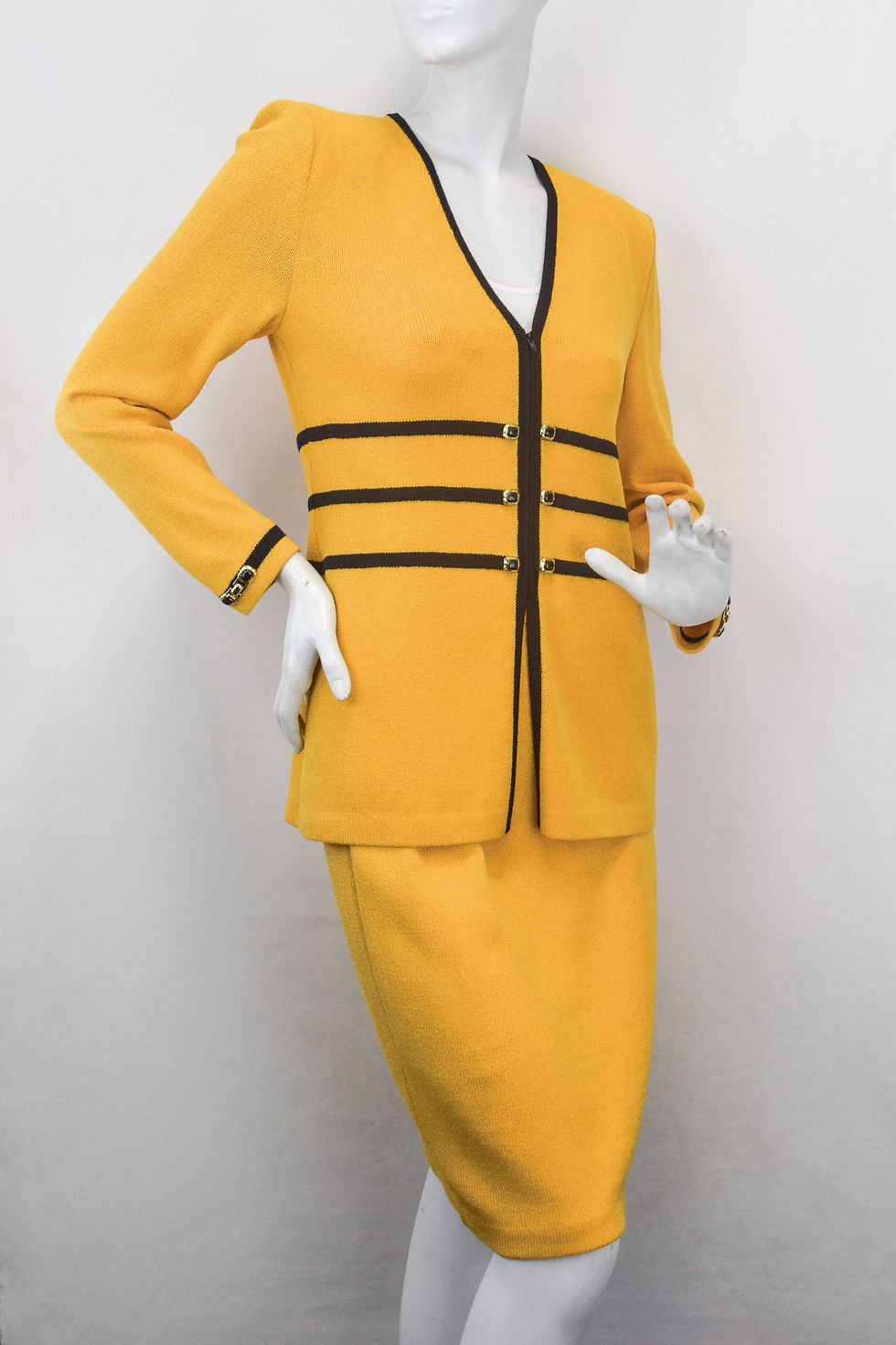 縮圖：Vintage ST. JOHN Set Santana Knit Cardigan Jacket Skirt 2 4 Mary Gold Yellow  Bk