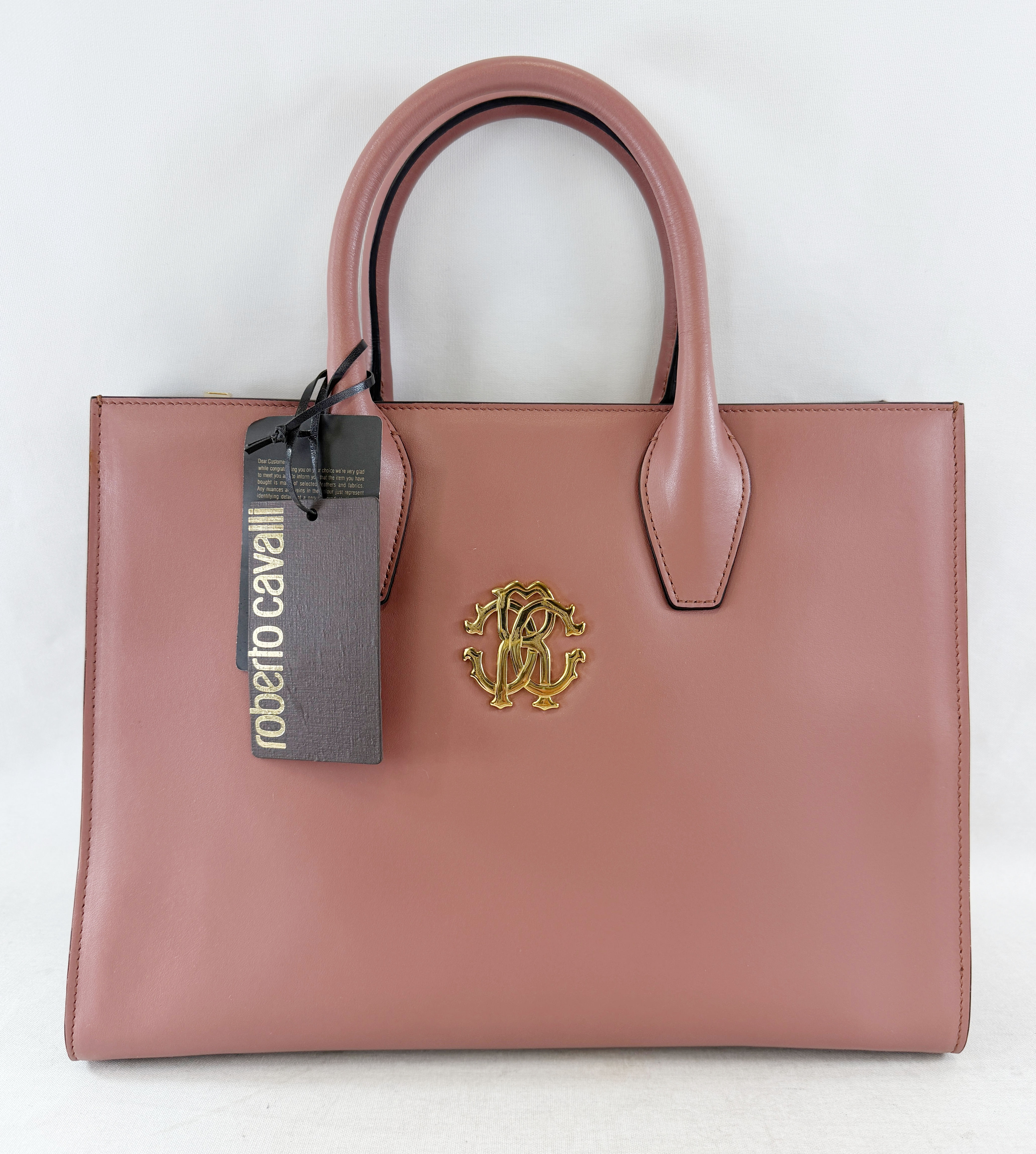 ROBERTO CAVALLI Leather Tote Bag Deep Blush Gold Logo Top Handle Mauve Large