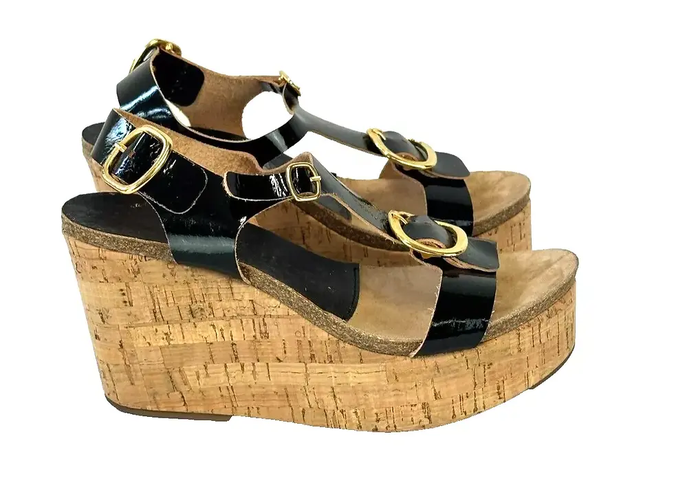 Hình thu nhỏ: PEDRO GARCIA Dorella Cork Black Patent Leather Gold Buckle Wedge Sandals 7