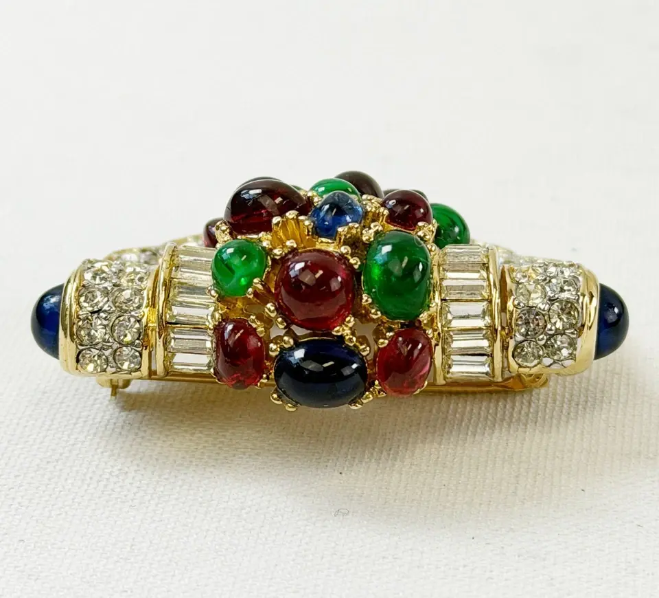 Hình thu nhỏ: Vintage CINER Jewels of India Crystal Cabochon Shield Brooch Pin Jewel Tone Gold