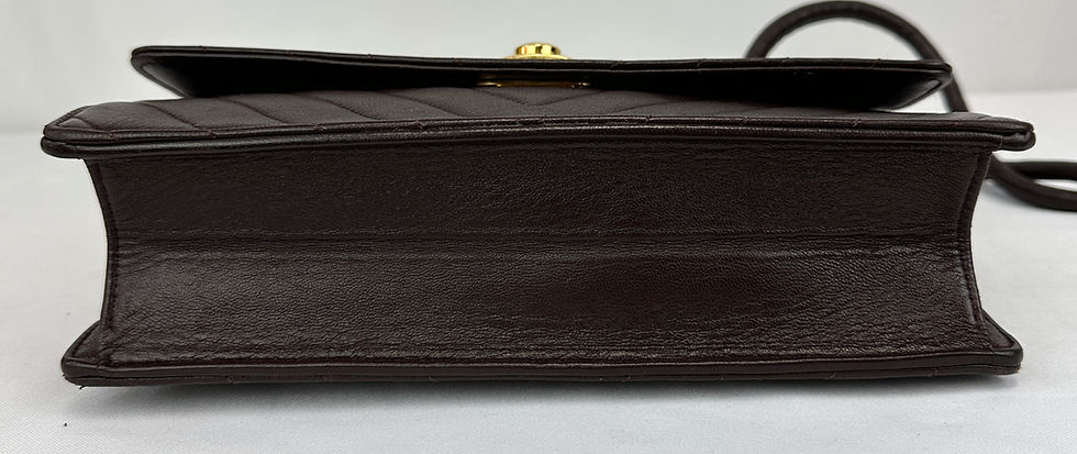 Thumbnail: Vintage CHANEL Flap Lambskin Leather Bag Dark Brown Chevron Quilted Push Lock 90
