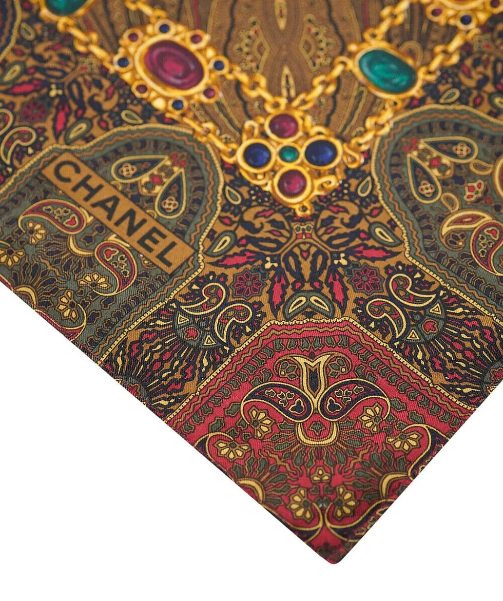 Thumbnail: Vintage CHANEL Silk Wool Square Scarf Brown Multicolor Paisley Jewel Motif 36"