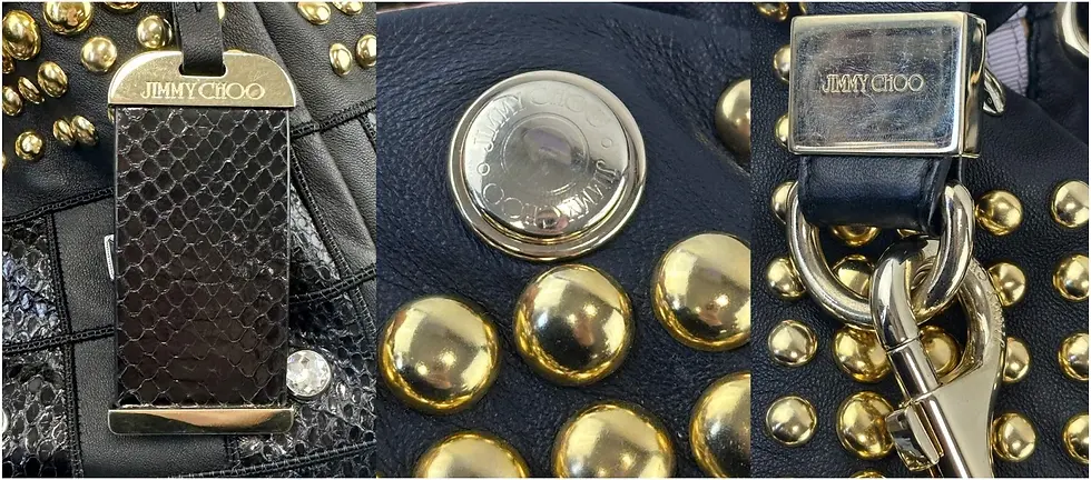 Hình thu nhỏ: JIMMY CHOO Lohla Black Gold Leather Snake Embellished Rhinestones Hobo Bag Large