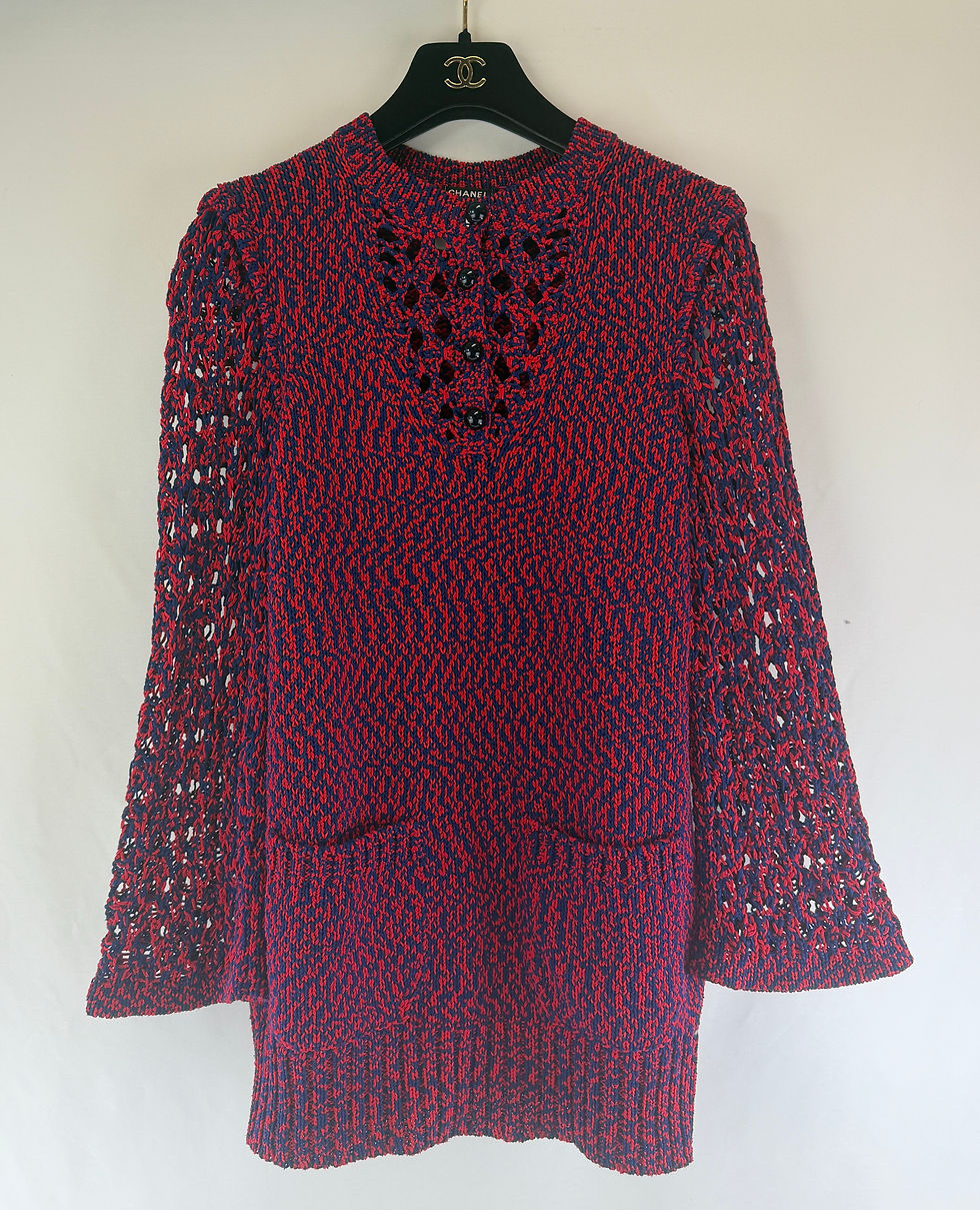 Miniatura: CHANEL Crochet Knit Long Sleeve Pullover Top 36 Red Blue Runway Spring 2014