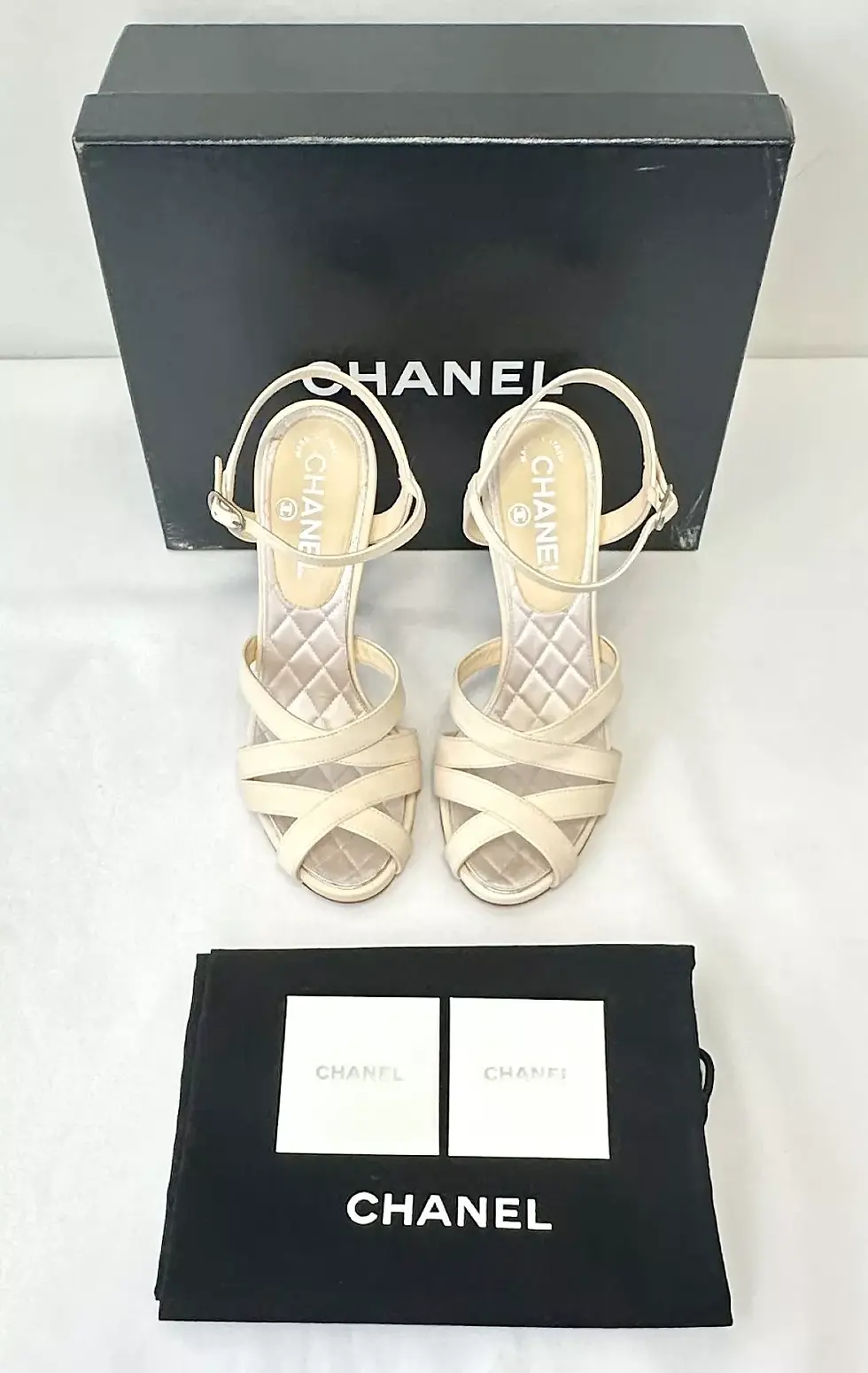 Thumbnail: CHANEL Leather Strappy Sandals Heels 38 Ivory Jeweled CC Logo US 7 Beige