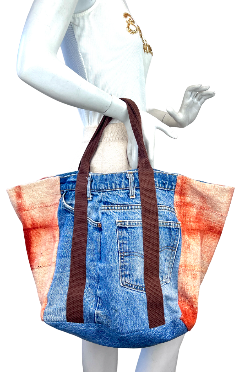 Hình thu nhỏ: RUTHY B Jean Canvas Denim Tote Bag Large Blue Orange Flower Embroidered Lining