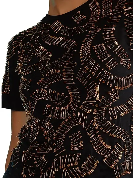 Thumbnail: CYNTHIA ROWLEY Safety Pins Embellished Cotton T-Shirt Medium Black Gold