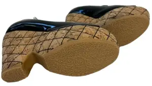 Thumbnail: CHANEL Black Patent Leather Quilted Cork Open Toe Wedge Platforms 8.5