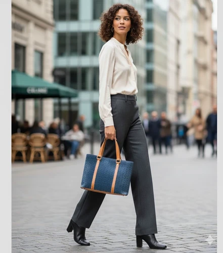 CELINE C Macadam Monogram Blue Embossed Suede Beige Leather Tote