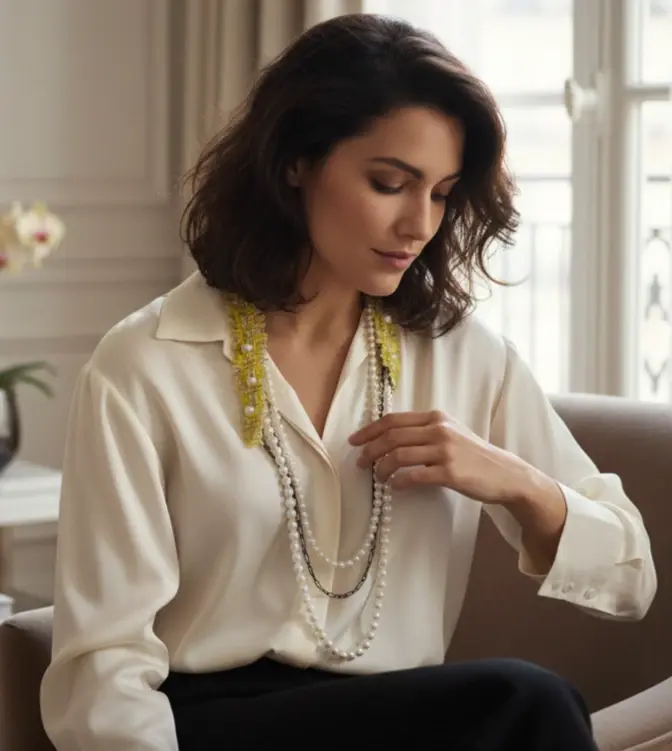 LANVIN Faux Pearl & Tweed Multi-Strand Necklace Yellow Lime Green Chain Signed