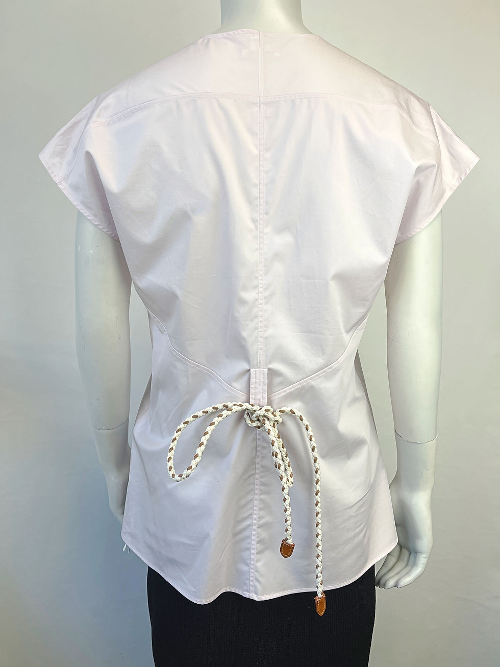 Thumbnail: HERMES 34 2 Granit Rose V-Neck Boxy Top Cotton Cord Belted Blouse Pink NEW