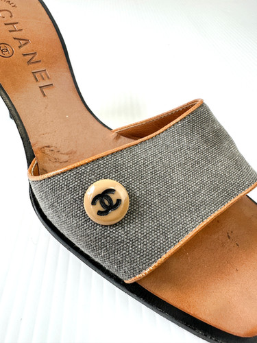 CHANEL Grey Canvas CC Logo Button Mule Kitten Heel Sandals 37.5