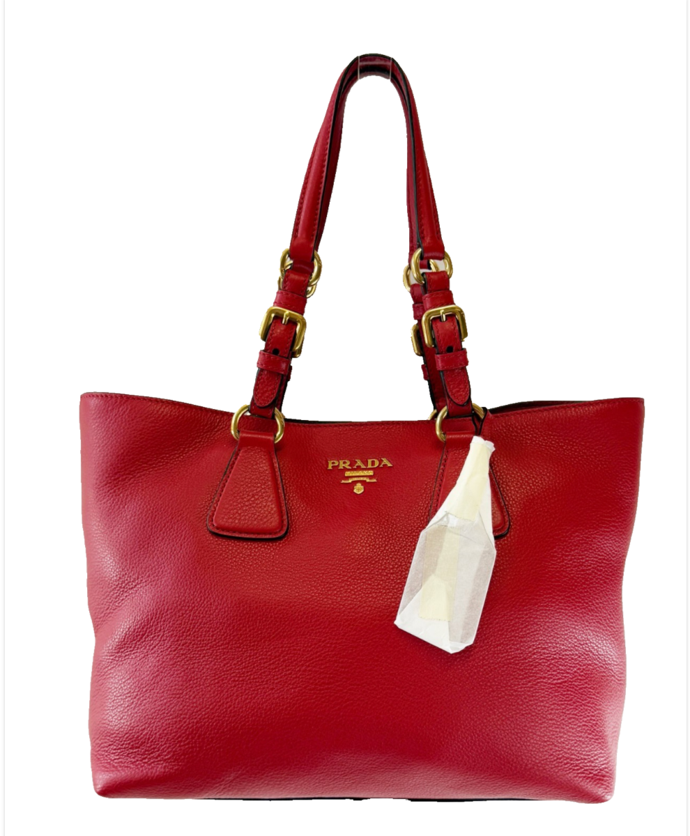 PRADA Vitello Phenix Red Rosso Leather Shoulder Bag Gold Hardware Large