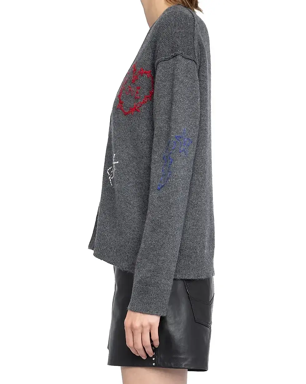 Thumbnail: ZADIG & VOLTAIRE Mirkaz Cashmere Cardigan Medium Anthracite Skull Graphic Detail