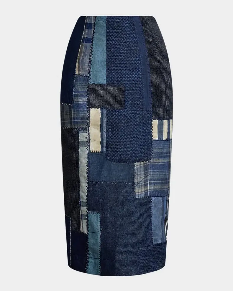 Hình thu nhỏ: NWT RALPH LAUREN Purple Label Mae Patchwork Knee Pencil Skirt 10 Blue Multi