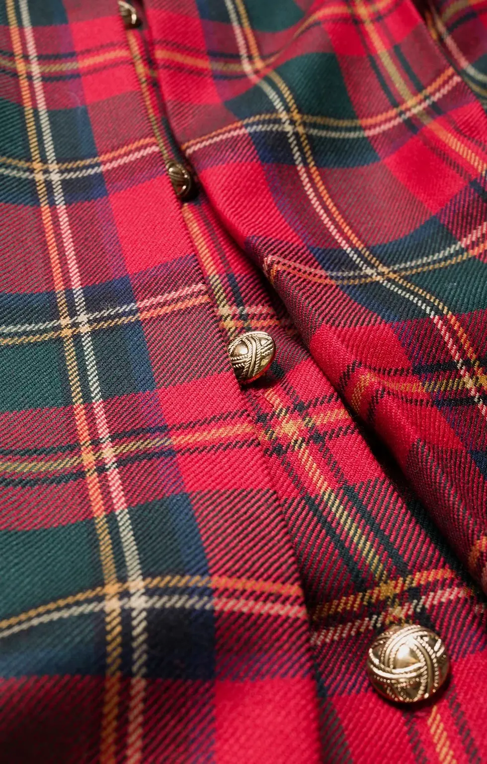 Hình thu nhỏ: HOUSE OF BRUAR Plaid Tartan Midi Skirt 10 Muted Red Wool Gold Buttons