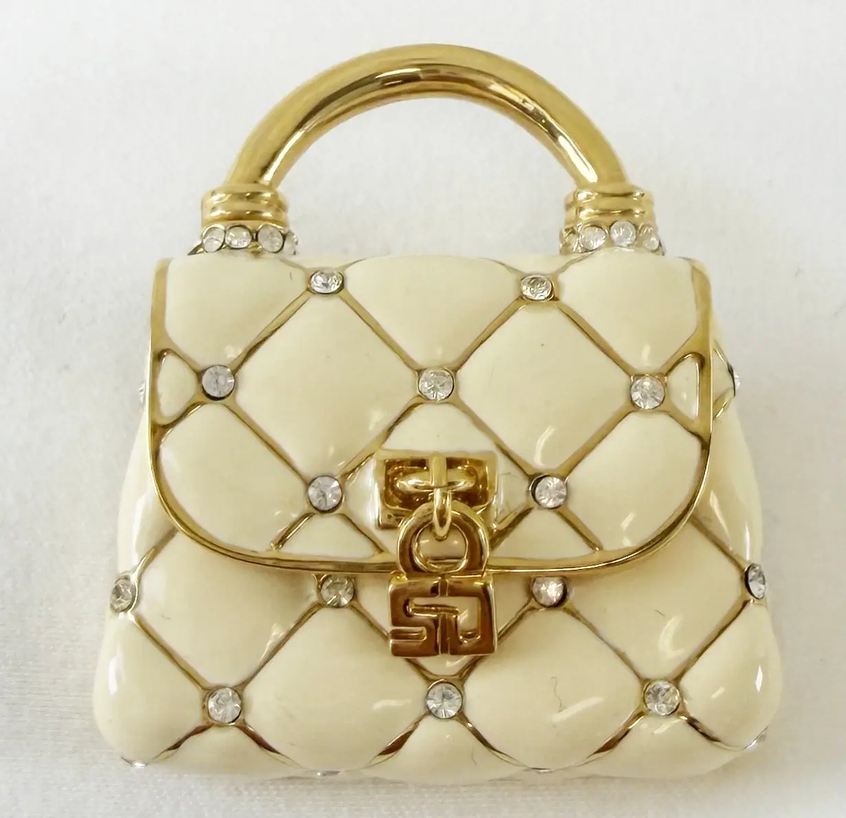 NEW ST. JOHN Handbag Mini Brooch Pin Ivory Enamel Crystals 24KGP Logo Enhancer
