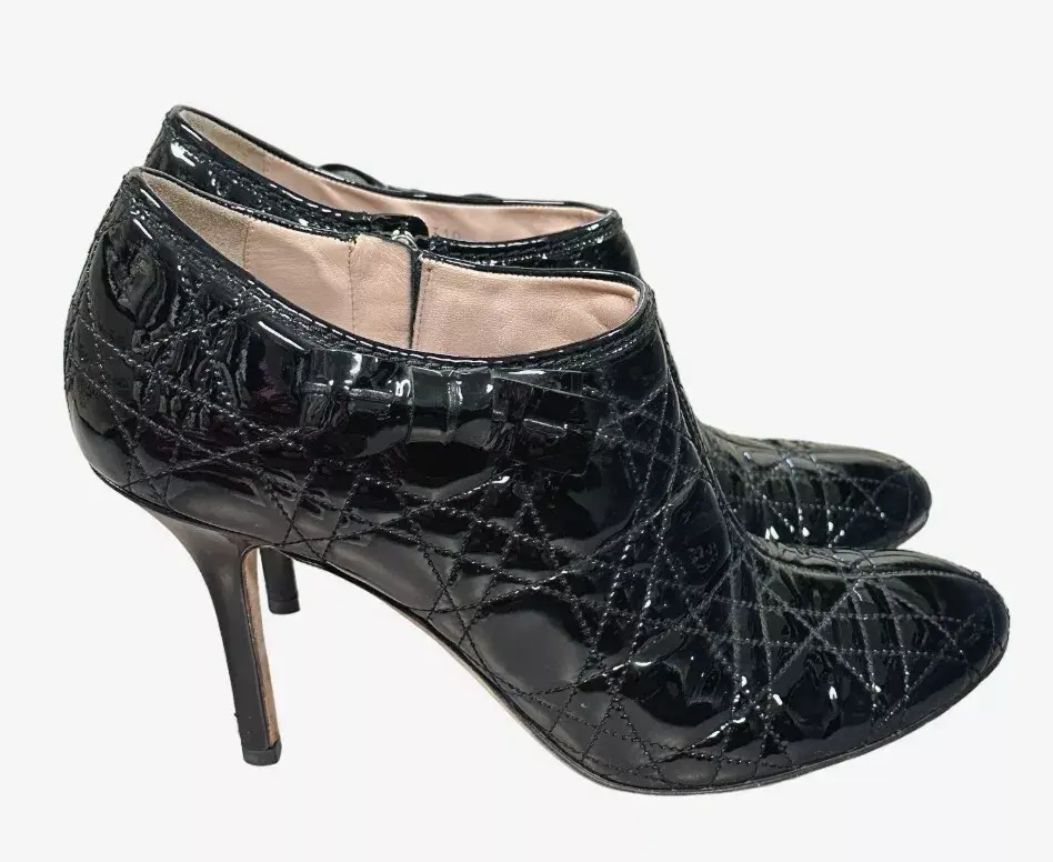 Hình thu nhỏ: CHRISTIAN DIOR Cannage Black Patent Leather High Heel Ankle Booties 39.5 9.5