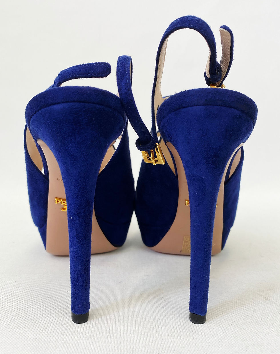 Thumbnail: NEW PRADA Camoscio Royal Navy Blue Suede Cutout Slingback Heels Shoes 37.5 7.5